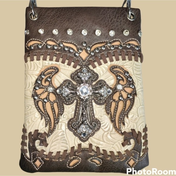 Cross and Wings jewel embellished crossbody messenger bag brown tan faux leather - Picture 1 of 14
